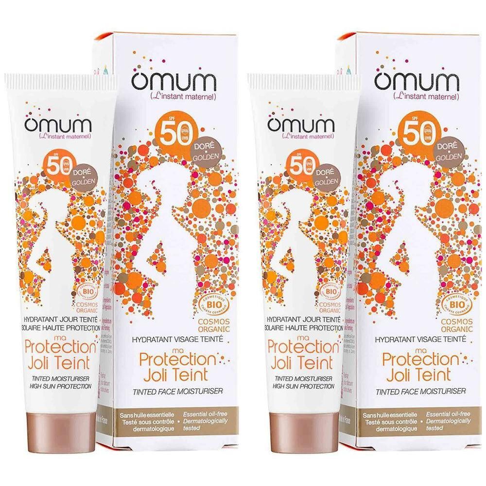 Deux tubes de Omum Ma Protection Joli Teint, crème hydratante teintée SPF50.