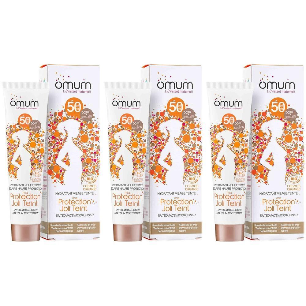 Drie tubes en dozen van Omum Ma Protection Joli Teint getinte dagcrème SPF50.