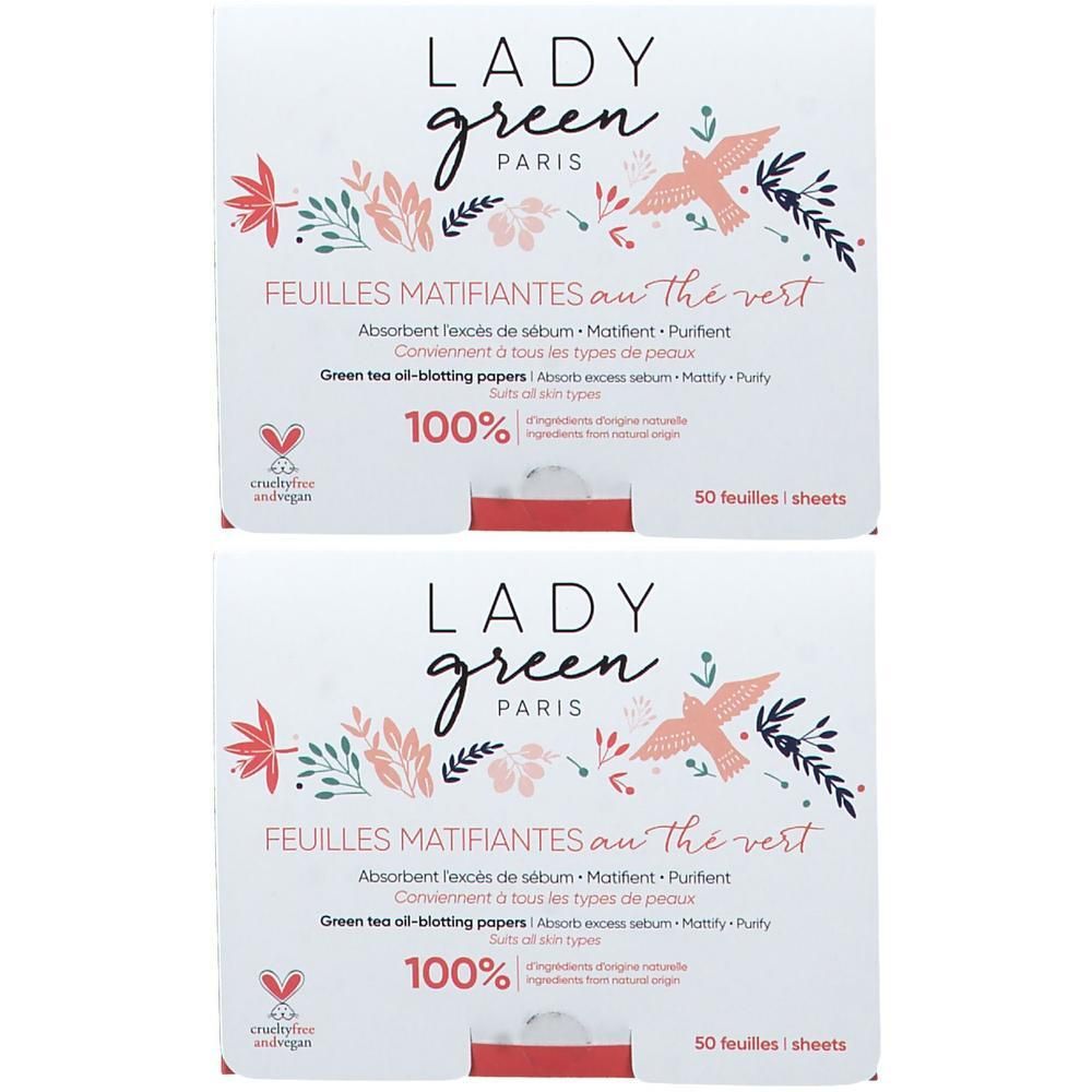 Deux paquets de feuilles matifiantes au thé vert Lady Green. 50 feuilles par paquet.