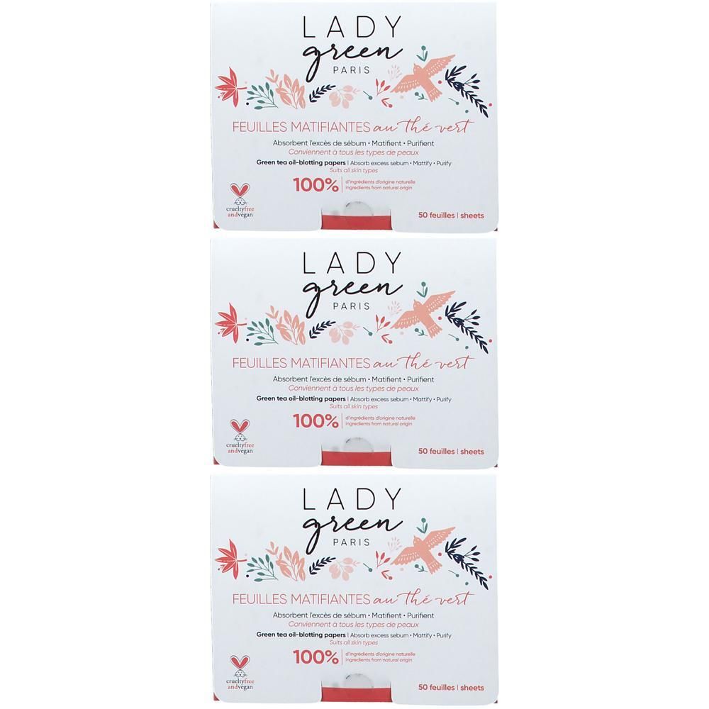 Trois paquets de Lady Green "Feuilles Matifiantes au Thé Vert", 90 feuilles par paquet.