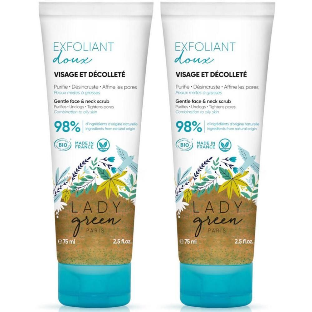 Deux Lady Green exfoliants visage et décolleté, 75 ml chacun. Bio, 98% d'ingrédients d'origine naturelle.