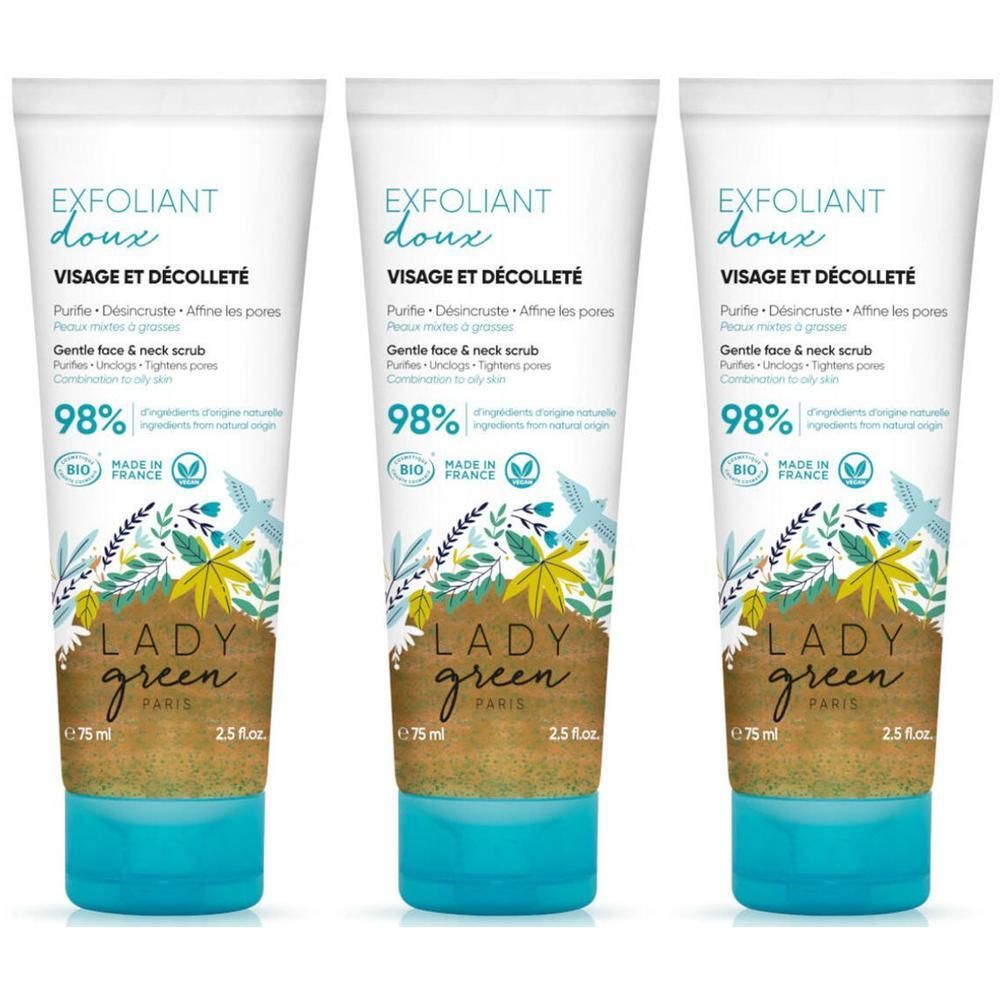 Drie tubes Lady Green Gezichts- en decolleté-exfoliant, 75ml.