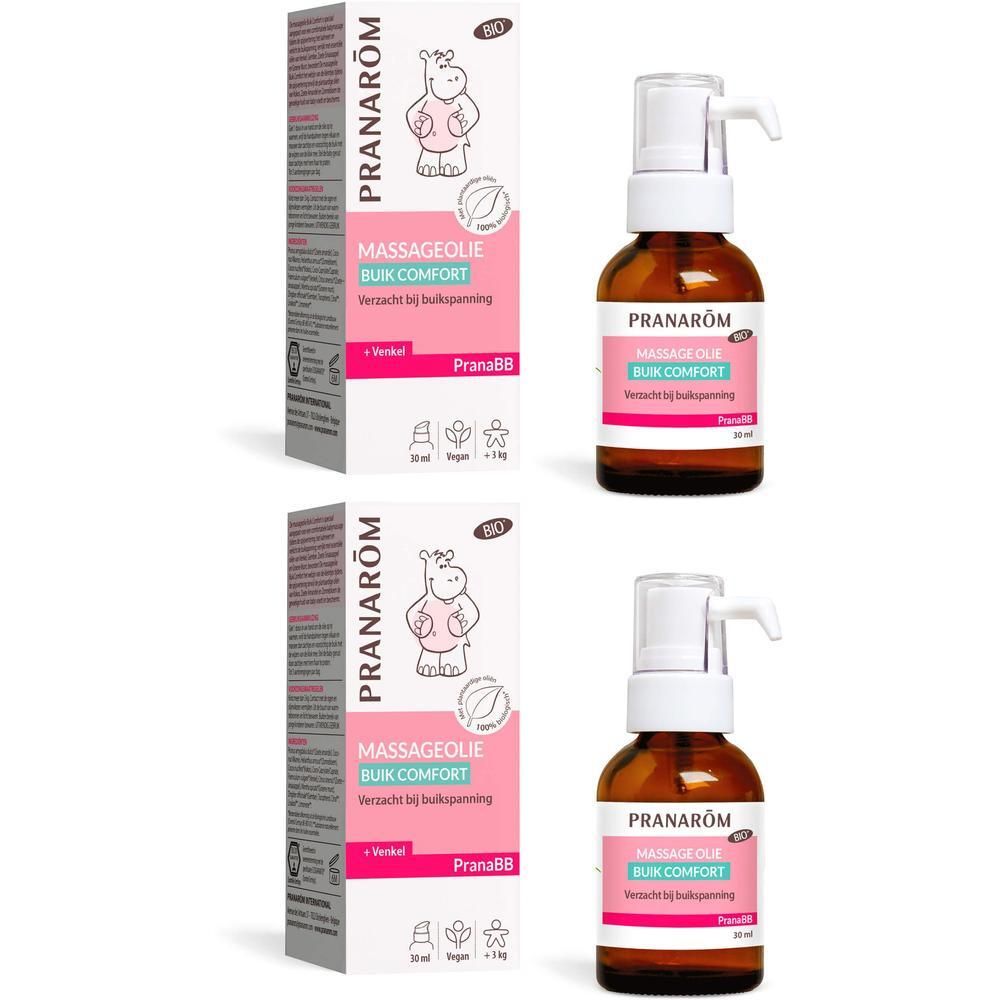 Twee flessen Pranarôm massageolie voor buikcomfort met pompdosering en verpakking.