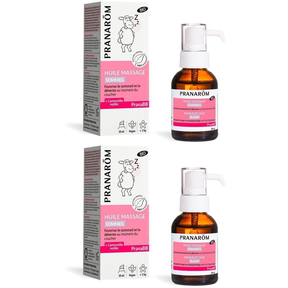 Deux flacons d'huile de massage sommeil Bio Pranarôm PranaBB avec pompe et boîtes.