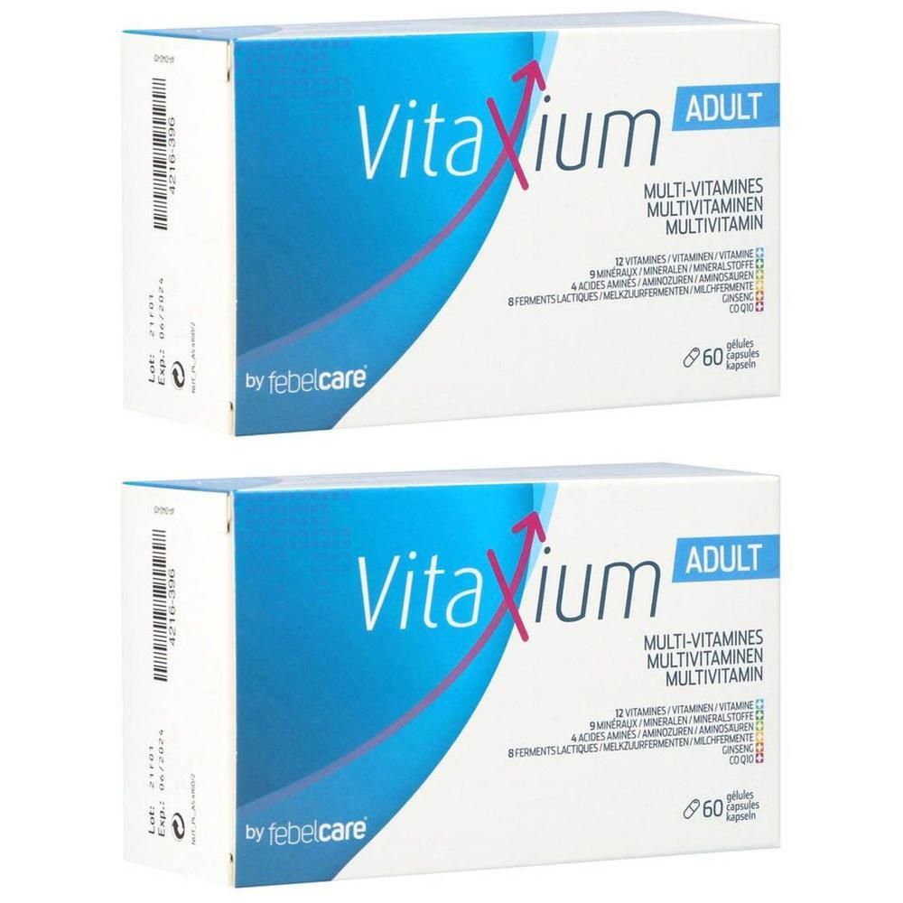 Twee pakken Vitaxium Adult Multivitaminen, elk met 60 capsules.