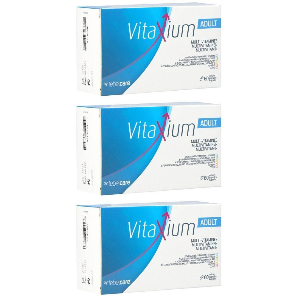 Trois boîtes de Vitaxium Adult Multivitamines. Chaque boîte contient 60 multivitamines.