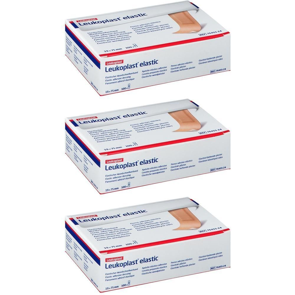Trois boîtes de pansements Leukoplast elastic. Le nom et la taille 19x75mm sont indiqués sur chaque boîte.