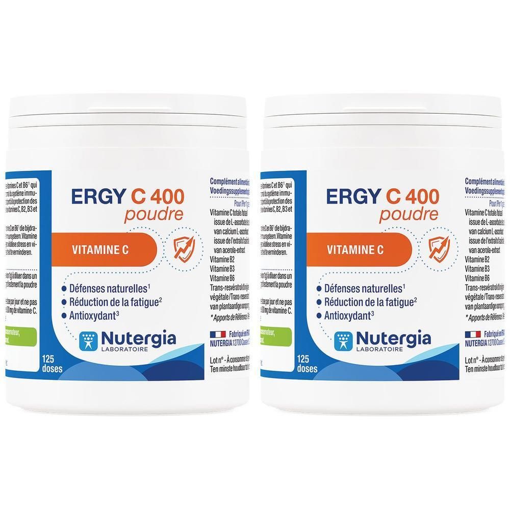 Twee potten Nutergia Ergy C 400 poeder met vitamine C. 125 doseringen per pot.