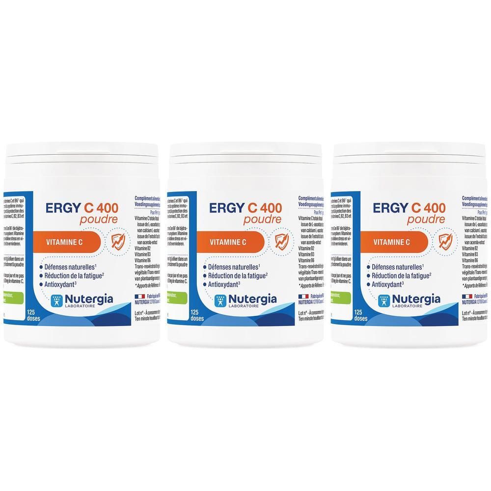 Drie potten Nutergia Ergy C 400 poeder. Vitamine C voor natuurlijke weerstand en vermindering van vermoeidheid.