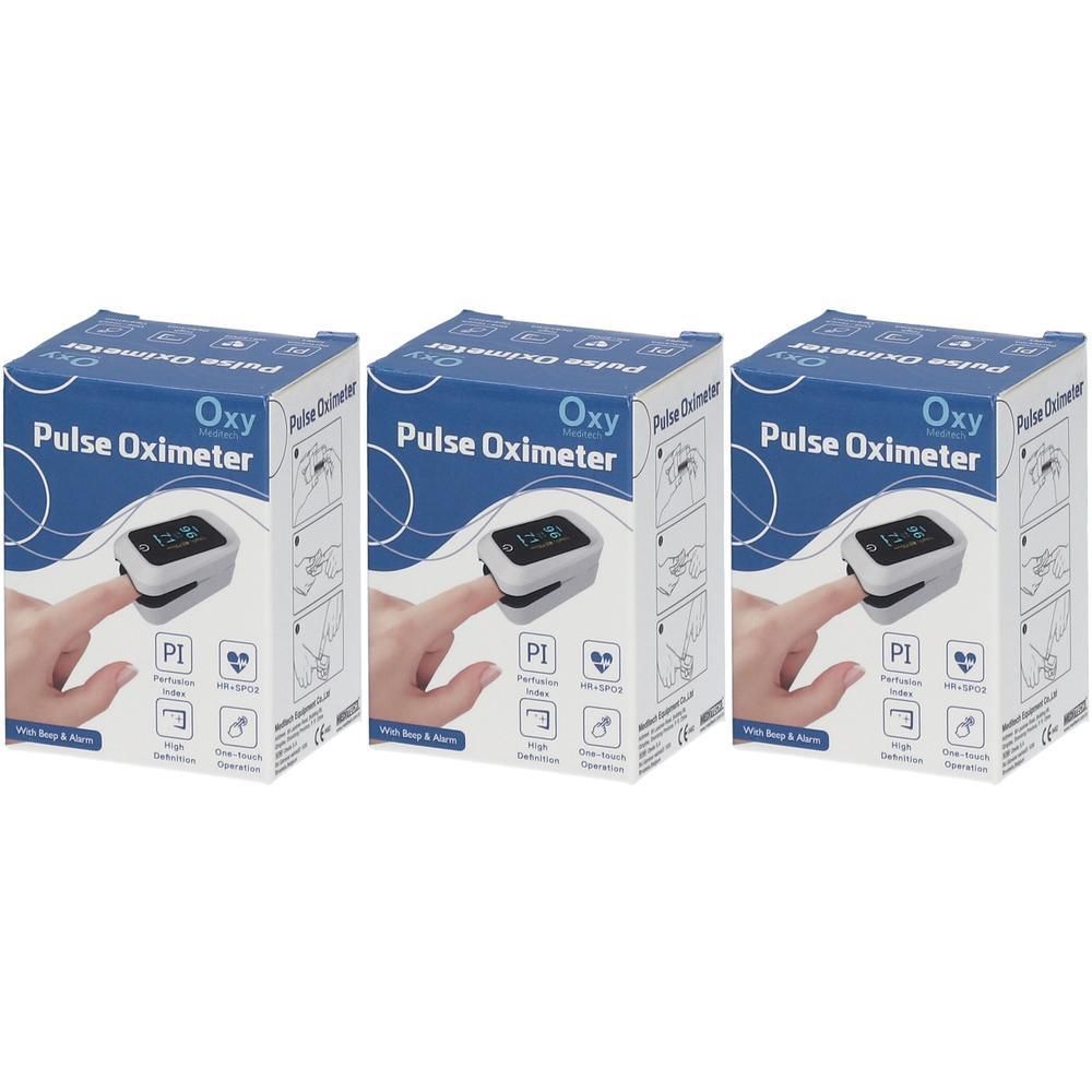 Trois boîtes d'oxymètre de pouls digital avec affichage et symboles pour la fréquence cardiaque et la saturation en oxygène.