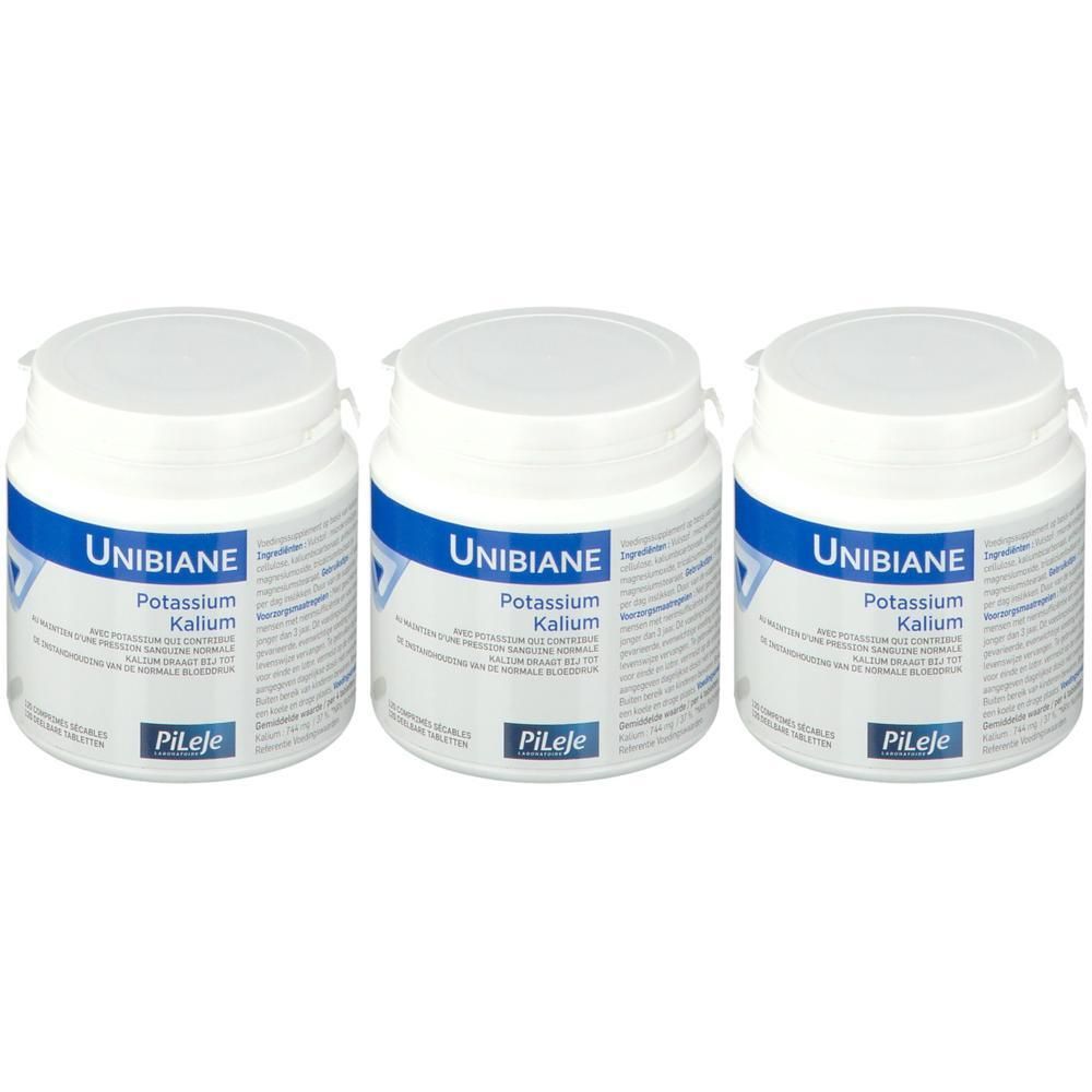 Drie Unibiane Kalium potjes met blauwe etiketten en witte deksels.