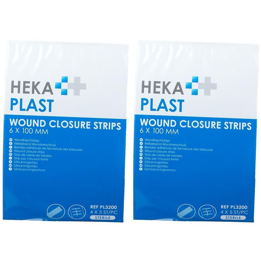 Deux paquets de Heka Plast Bande d'Adhérence des Plaies, stériles. Chaque paquet contient 6 bandes de 6 x 100 mm.