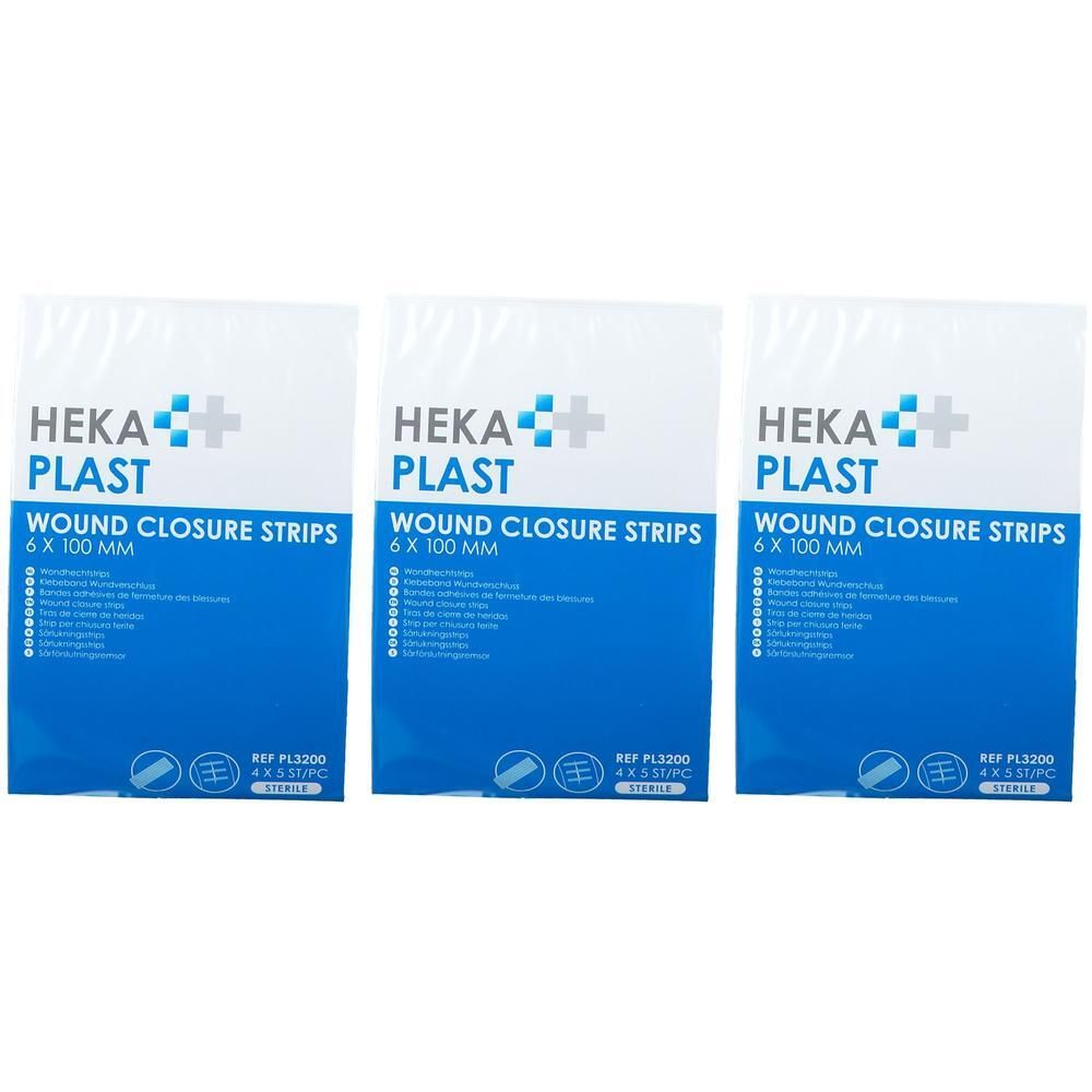 Trois paquets de bandes de fermeture de plaies Heka-Plast, 6 x 100 mm. Stérile.