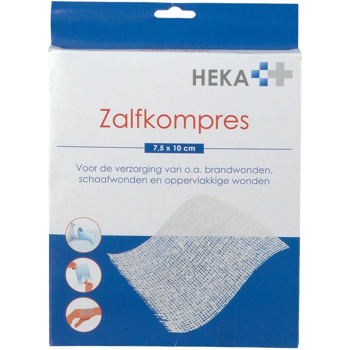 Heka Zalfkompres 7,5x10cm, witte gaaskompres op witte kartonnen verpakking.