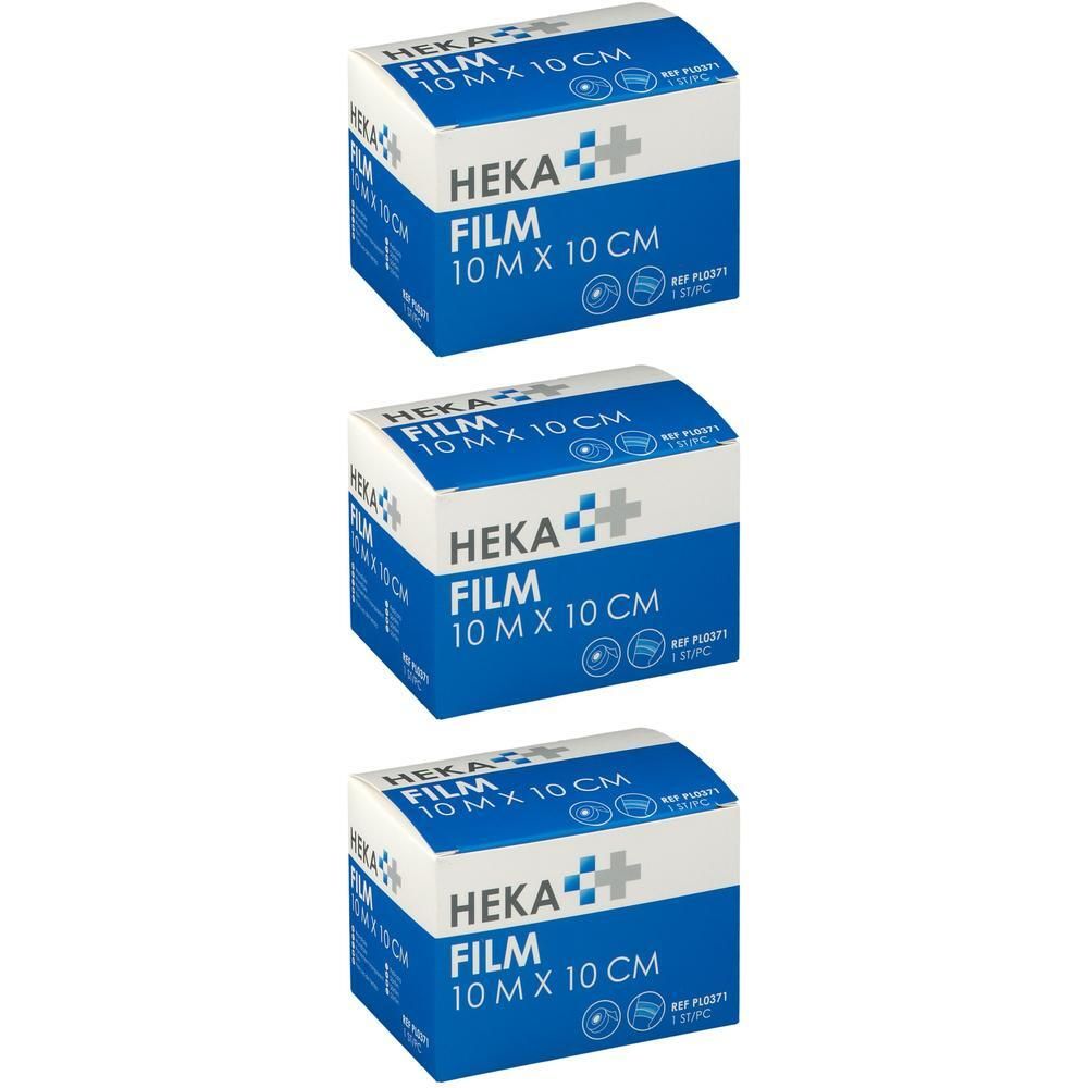 Trois boîtes de Heka-Film Film de Blessure 10m x 10cm, emballage bleu et blanc avec croix médicale.
