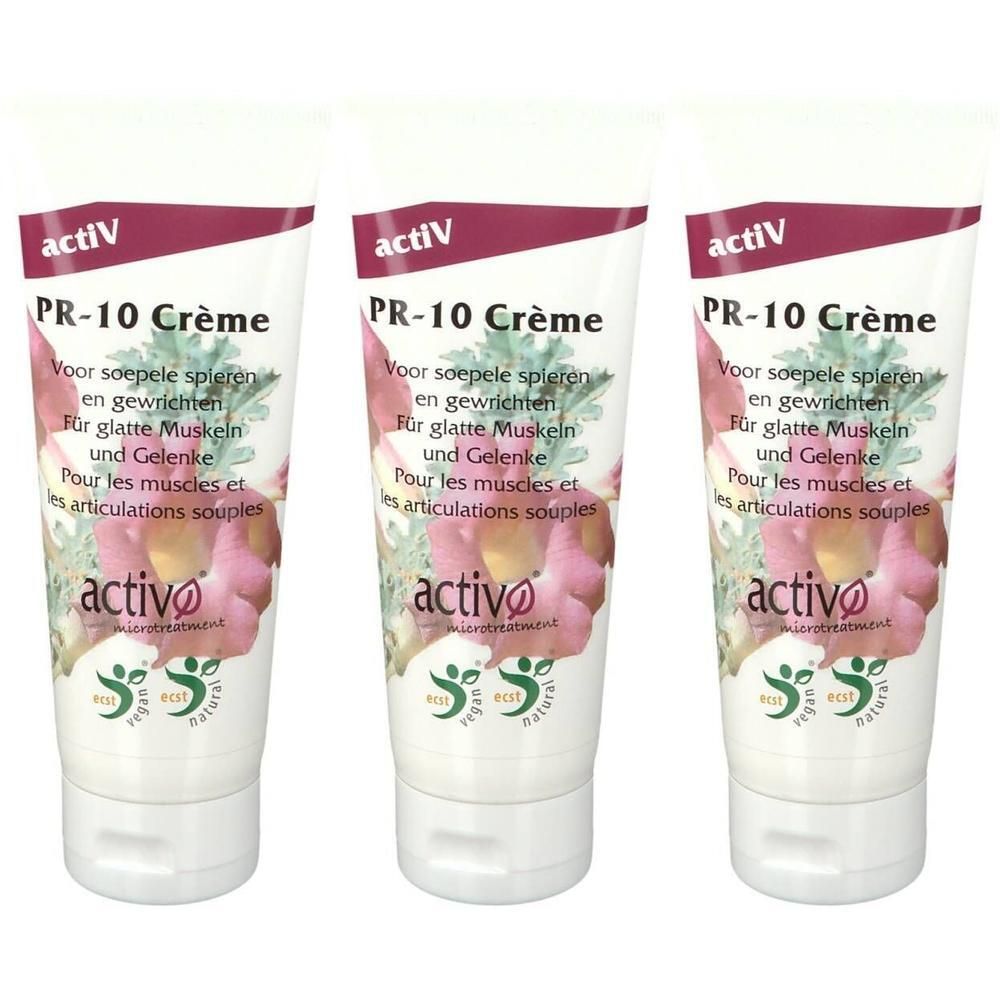 Drie tubes PR-10 Crème met bloemenontwerp en keurmerken voor Bio, Vegan en Natural.