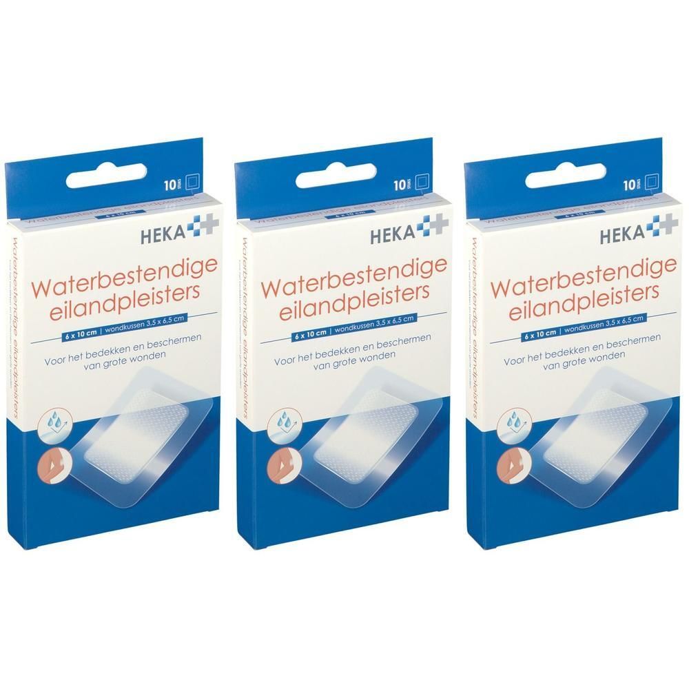 Trois paquets de pansements Hekaplast imperméables pour îlots, 6x10 cm, pour couvrir et protéger les grandes plaies.