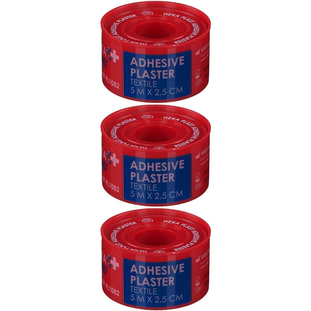 Drie rollen textiel pleister, 5m x 2,5cm.