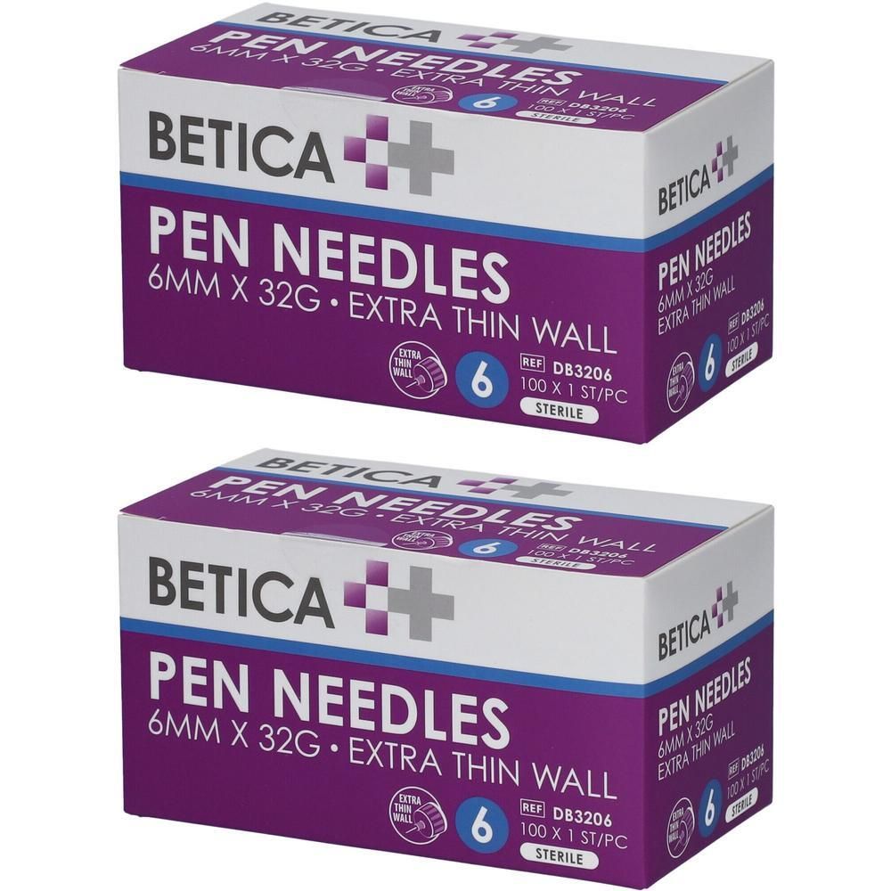 Deux boîtes d'aiguilles Betica Pen Needles 6mm x 32G, extra fines, stériles.