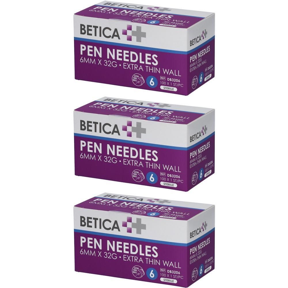 Trois boîtes d'aiguilles Betica Pen Needles 6mm x 32G Extra Thin Wall, stériles.