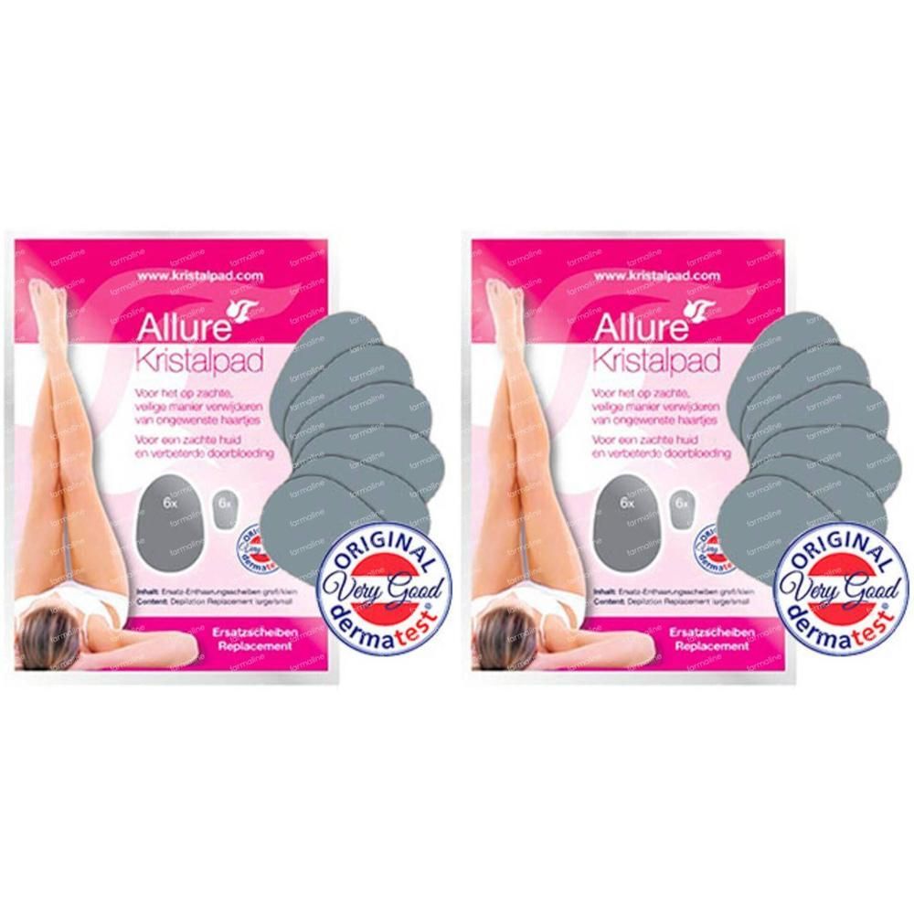 Twee pakken Allure Kristalpad met elk 6 ontharingspads. Toont vrouwenbenen en pads.