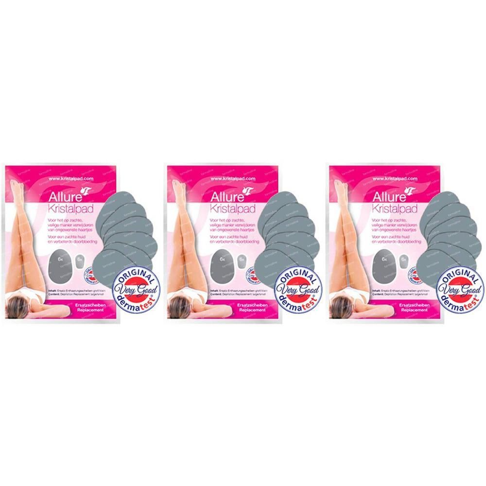 Drie pakken Allure Kristalpad met elk 8 pads. Toont benen en voeten.