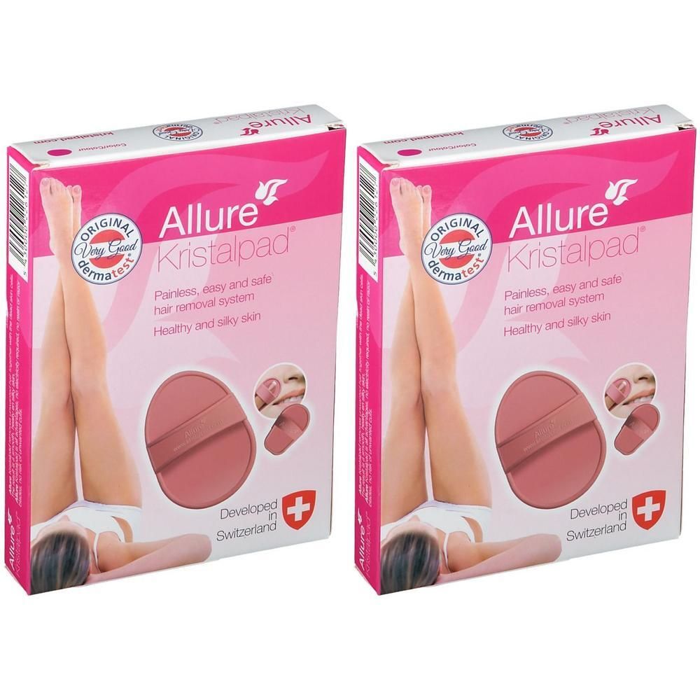 Deux paquets de kits de départ Allure Kristalpad. Pads roses avec poignée. Jambes de femme représentées.