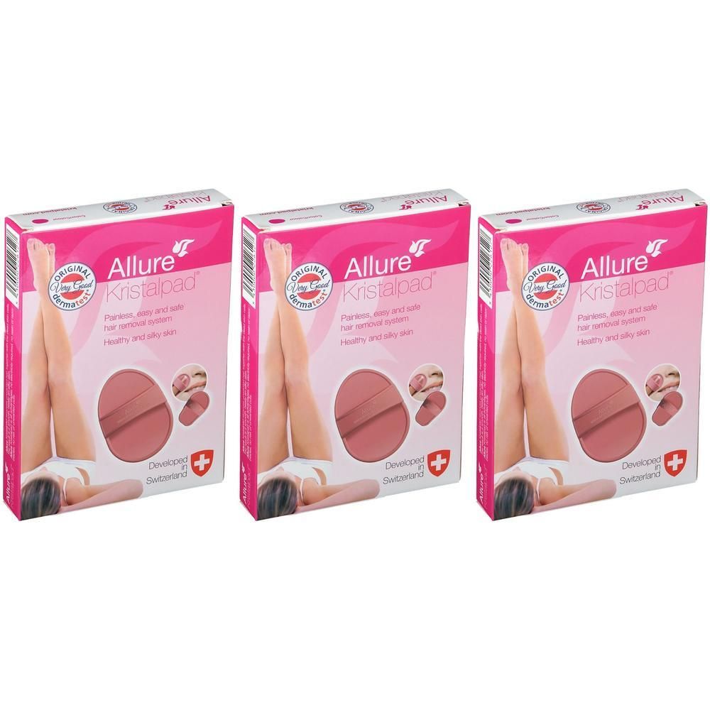 Drie pakken Allure Kristalpad met afbeeldingen van benen en pads.