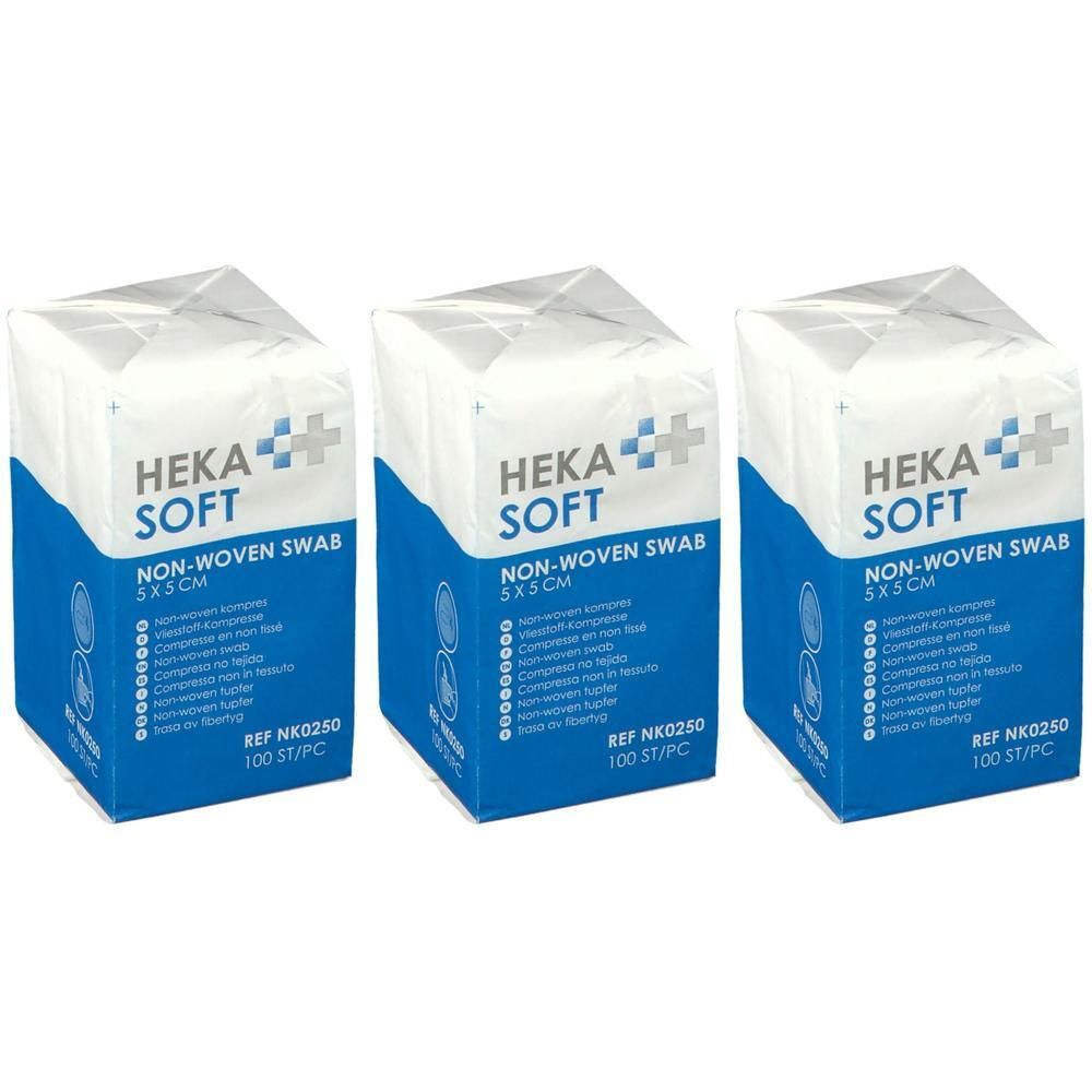 Drie pakken Hekasoft non-woven kompressen 5x5cm, 100 stuks per pak.