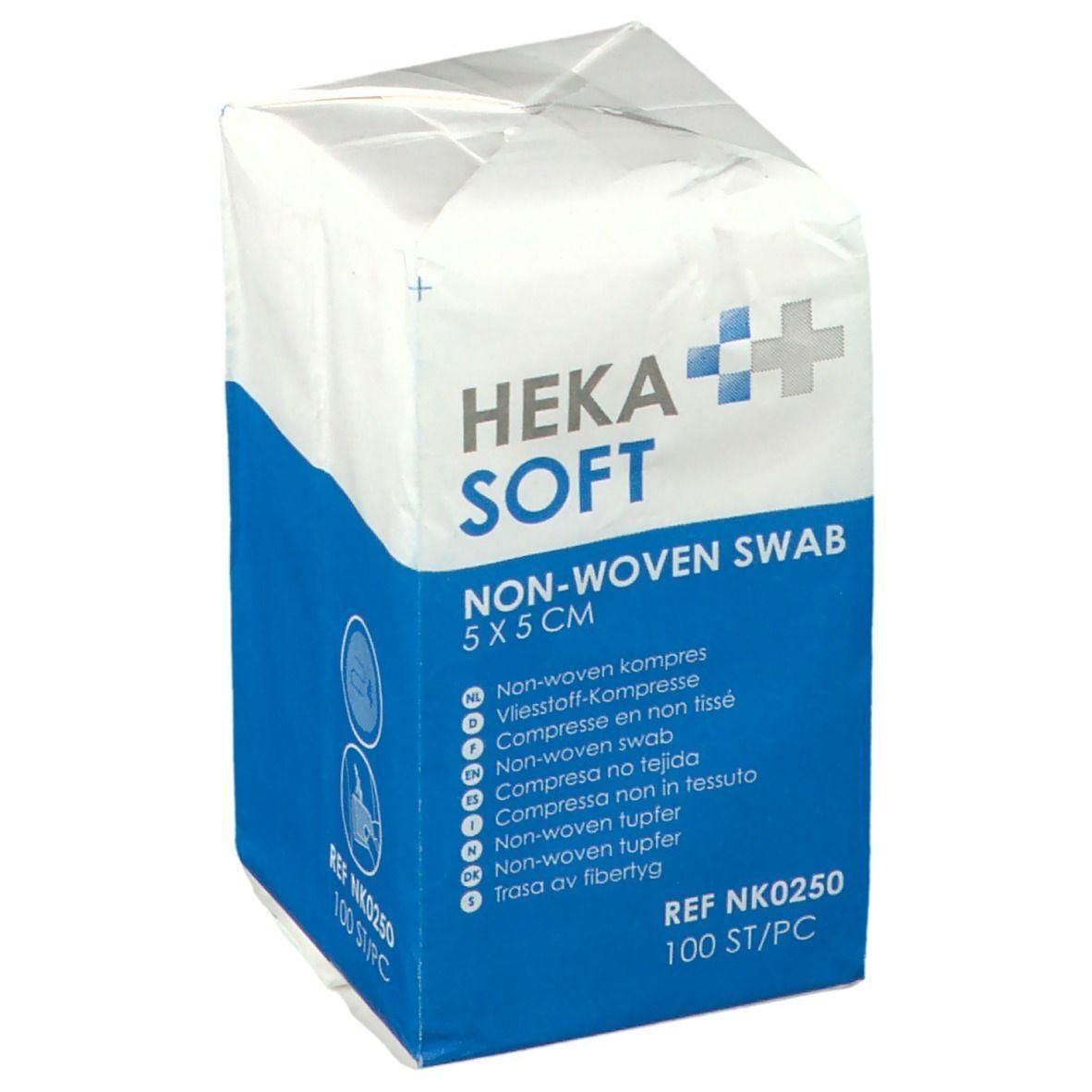 Verpakking Heka Soft non-woven kompressen, 5x5 cm, 100 stuks.