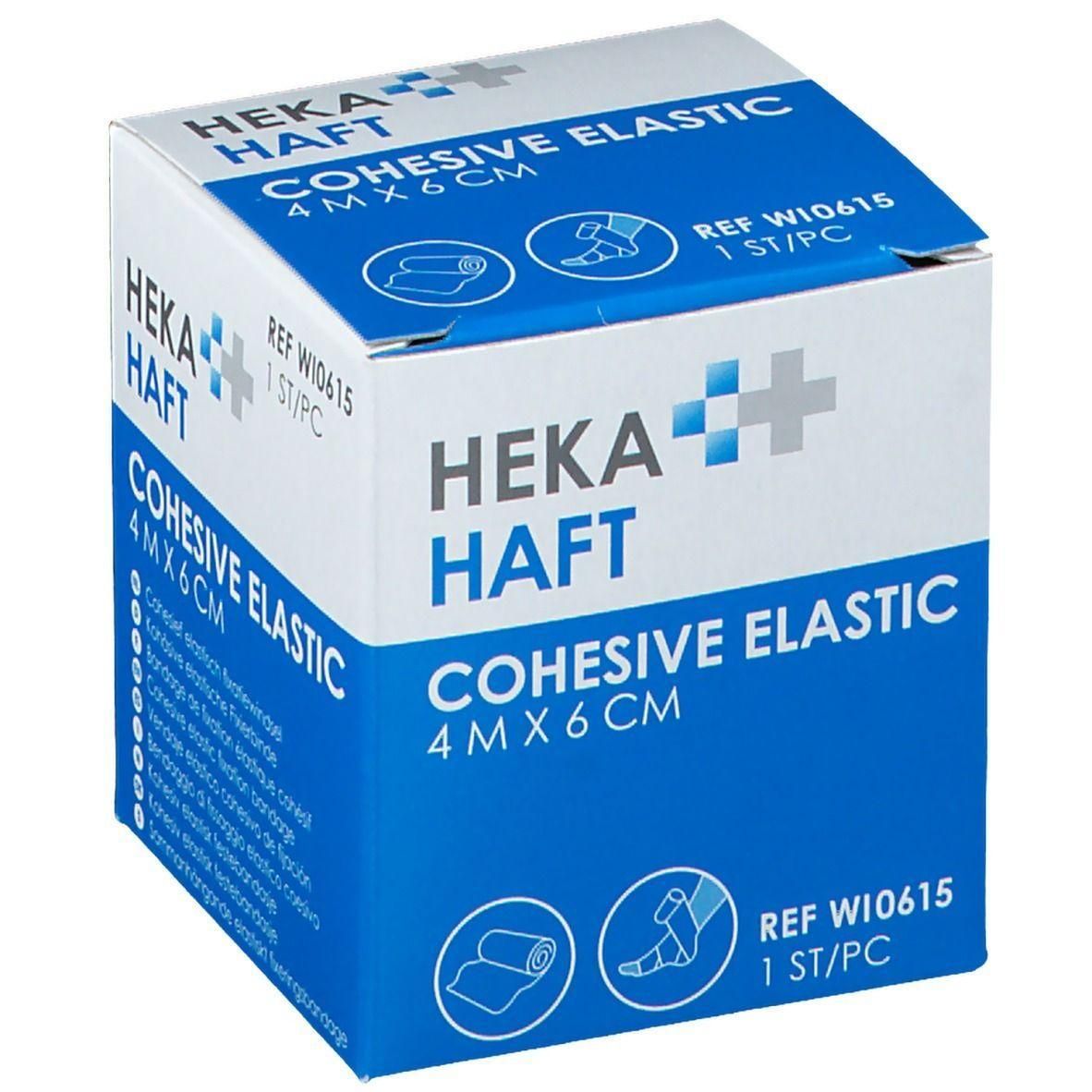 Bande élastique cohésive Heka Haft, 4 m x 6 cm. Boîte en carton avec informations produit.