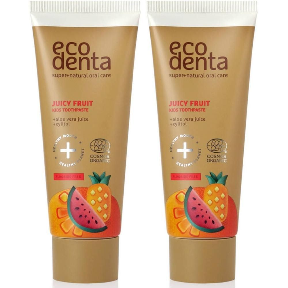Deux tubes de dentifrice bio Ecodenta "Juicy Fruit" pour enfants, à l'aloe vera et au xylitol.