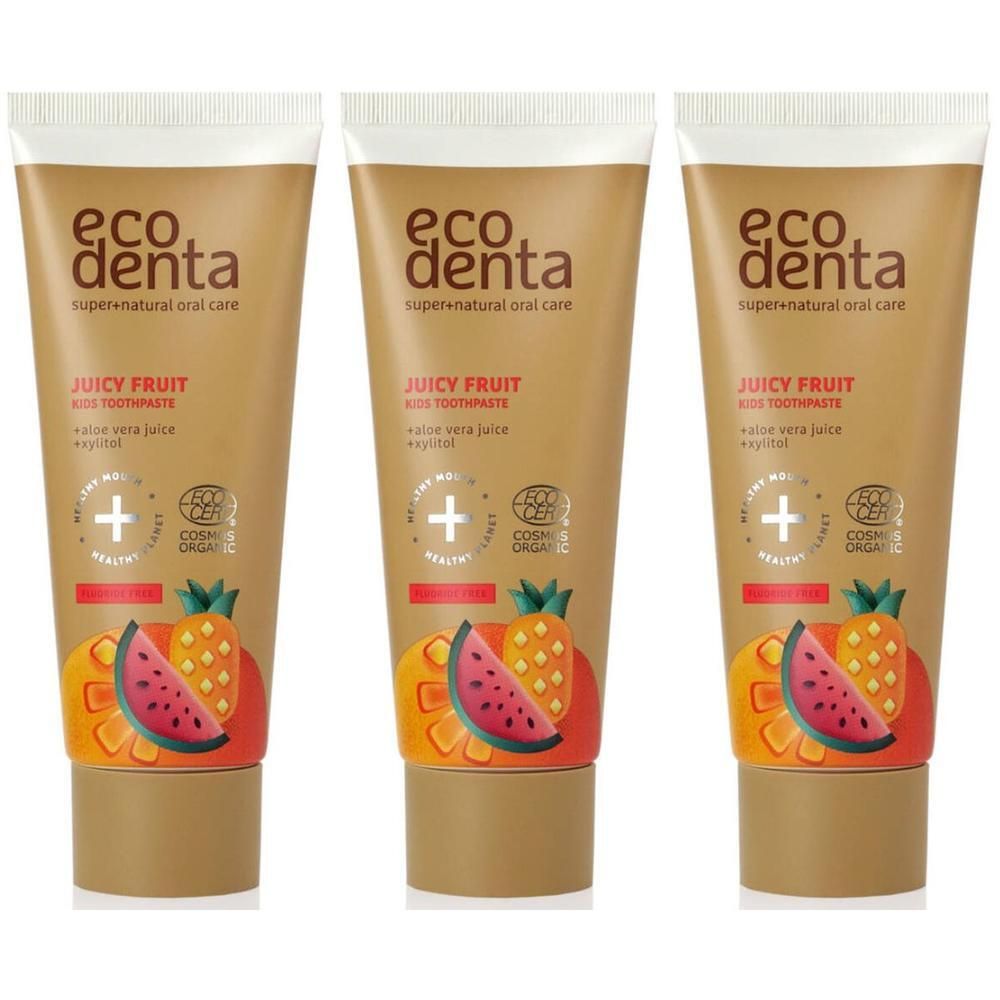 Drie tubes Ecodenta Fruity kindertandpasta met aloë vera en xylitol. Biologisch gecertificeerd.