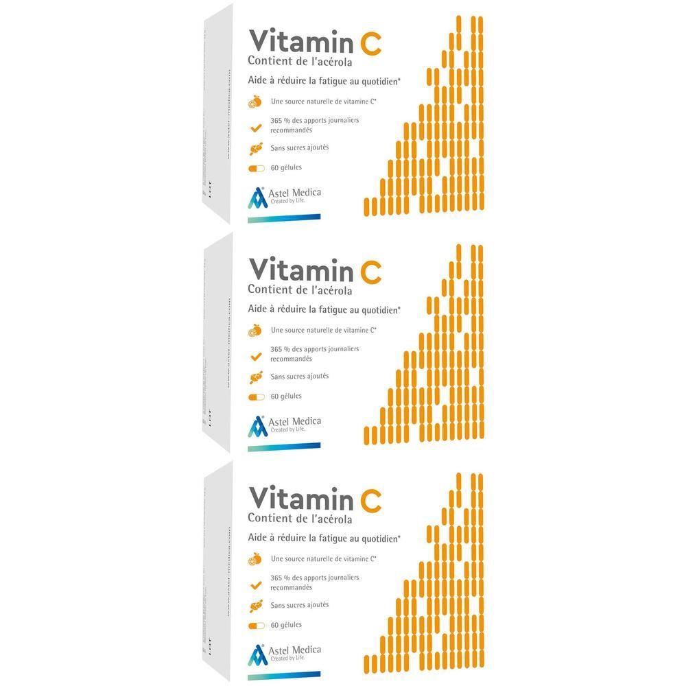 Astel Medica Vitamin C, boîte de 60 gélules à l'acérola, aide à réduire la fatigue.