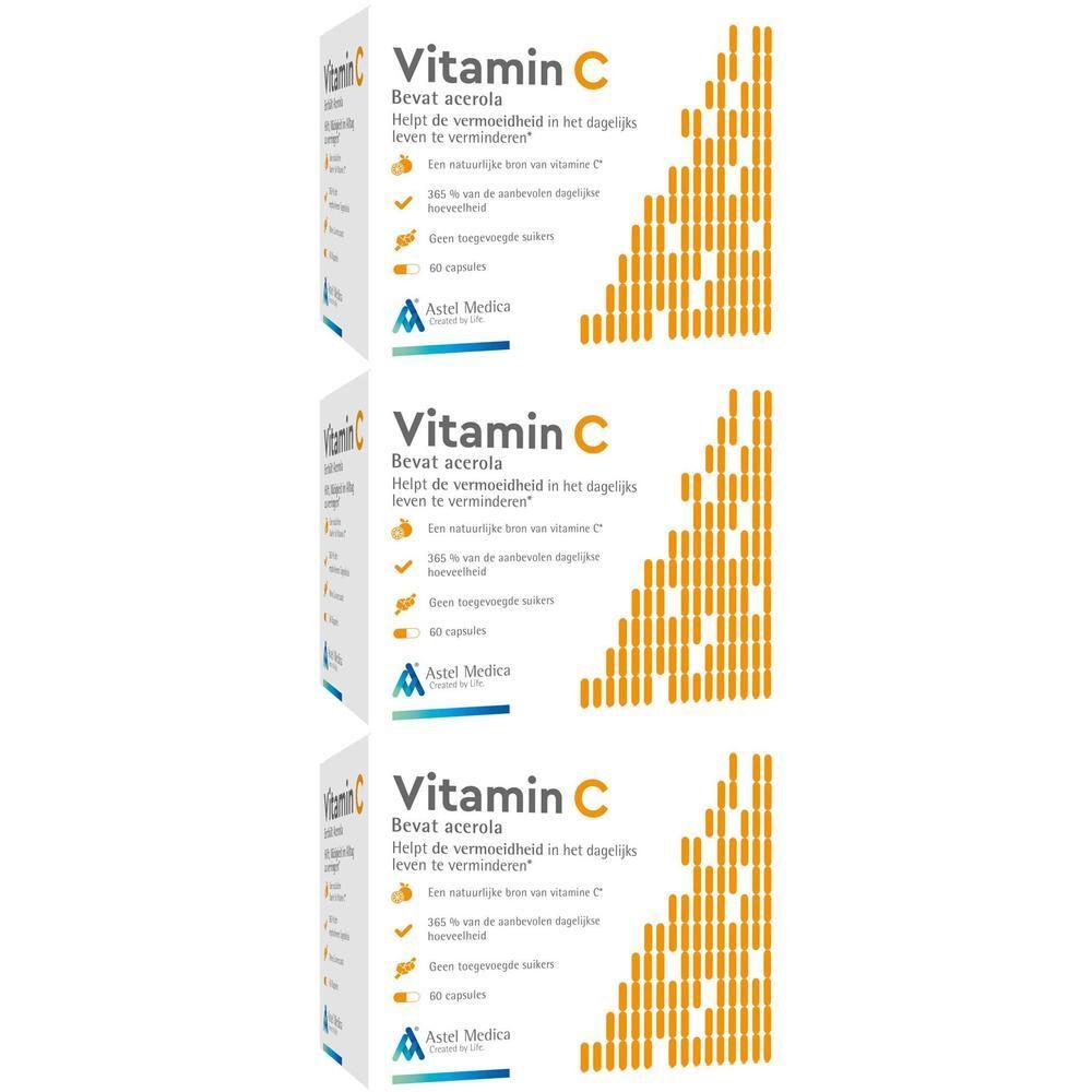 Astel Medica Vitamine C, verpakking van 60 acerola capsules ter vermindering van vermoeidheid.