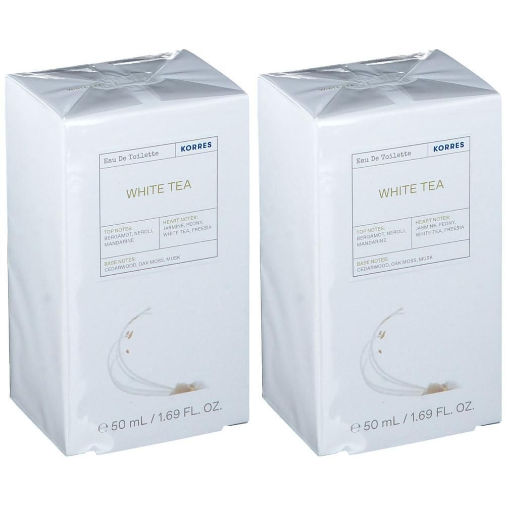 Twee Korres Eau de Toilette White Tea 50ml flacons in witte verpakking.