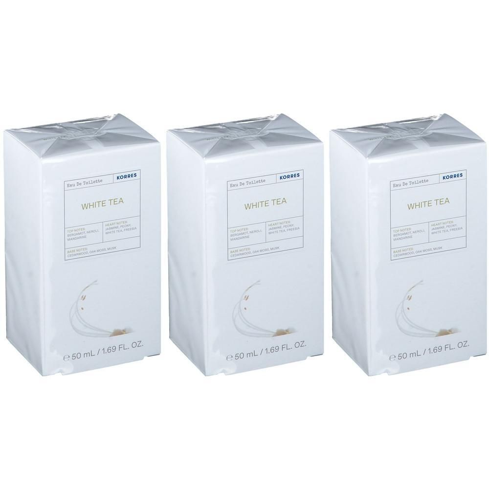 Drie witte dozen Korres White Tea Eau de Toilette, elk 50 ml.