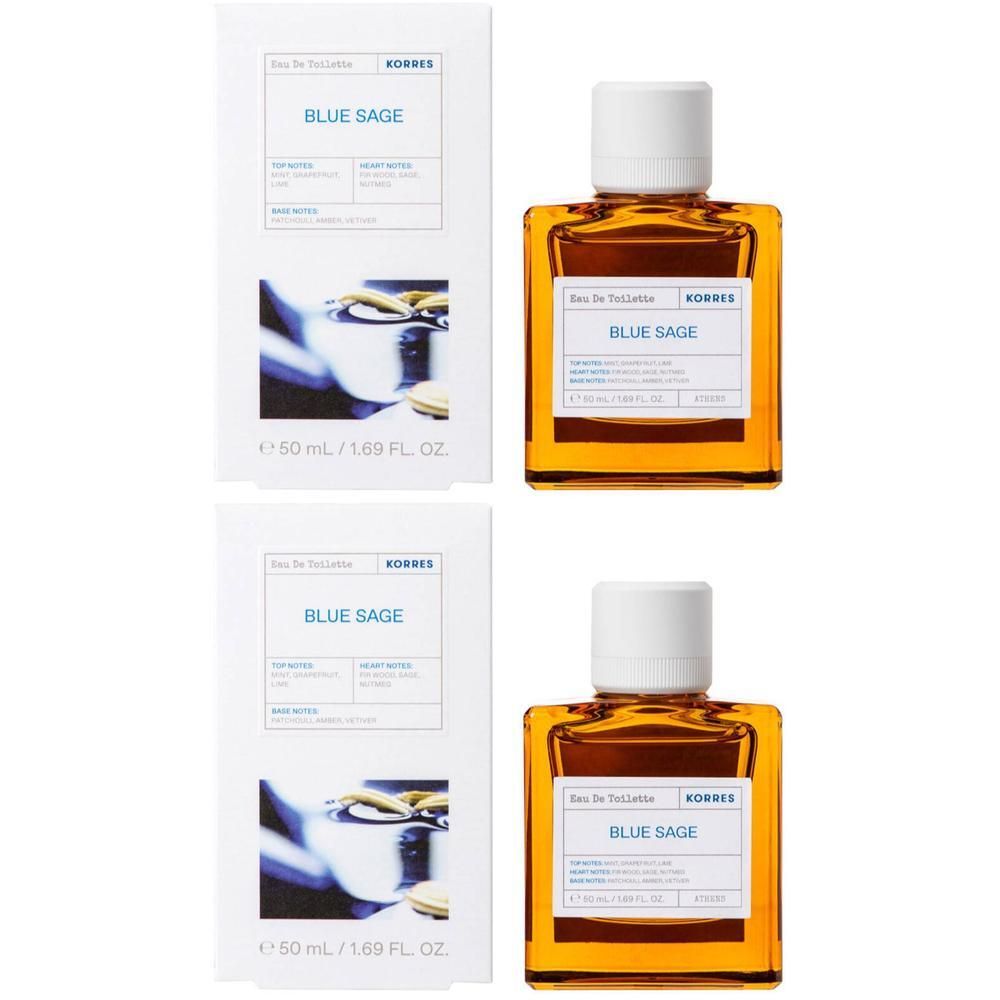 Deux flacons d'eau de toilette Blue Sage de Korres avec bouchons blancs et leurs boîtes.