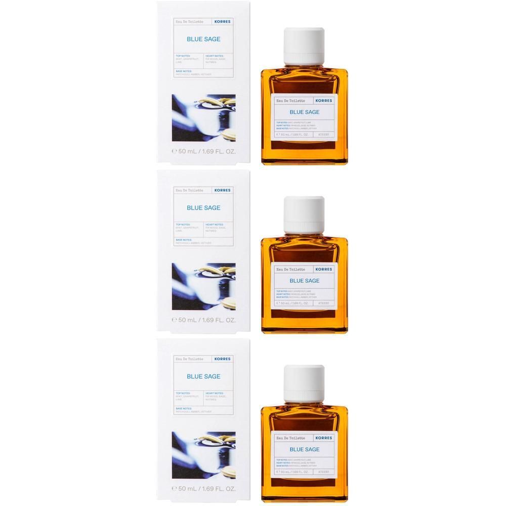 Trois flacons et boîtes de Korres Blue Sage Eau de Toilette. Liquide ambré dans des bouteilles en verre rectangulaires avec des bouchons blancs.
