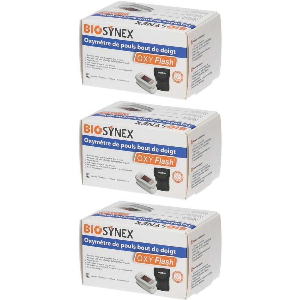 Trois boîtes de BIOSYNEX Oxymètre de Pouls Oxy Flash, oxymètres de pouls pour doigt.