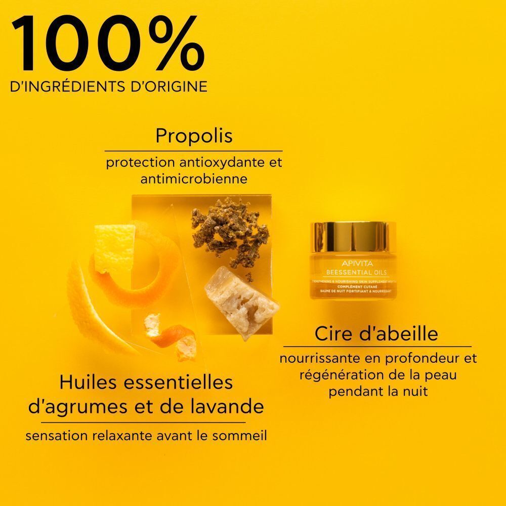 Baume de nuit Apivita Beessential Oils avec propolis, huiles d'agrumes et de lavande.