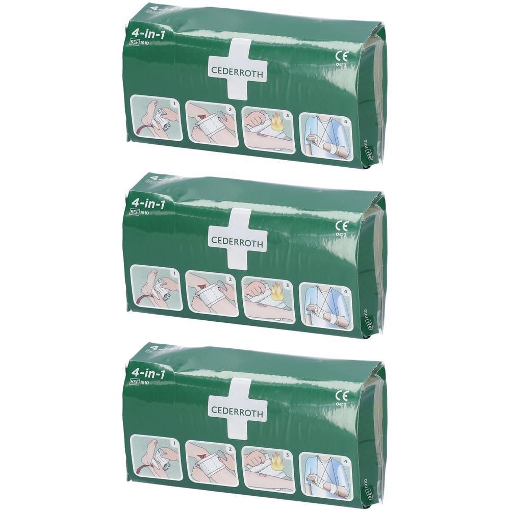 Drie Cederroth 4-in-1 verband-compressen in groene verpakking met toepassingsinstructies.