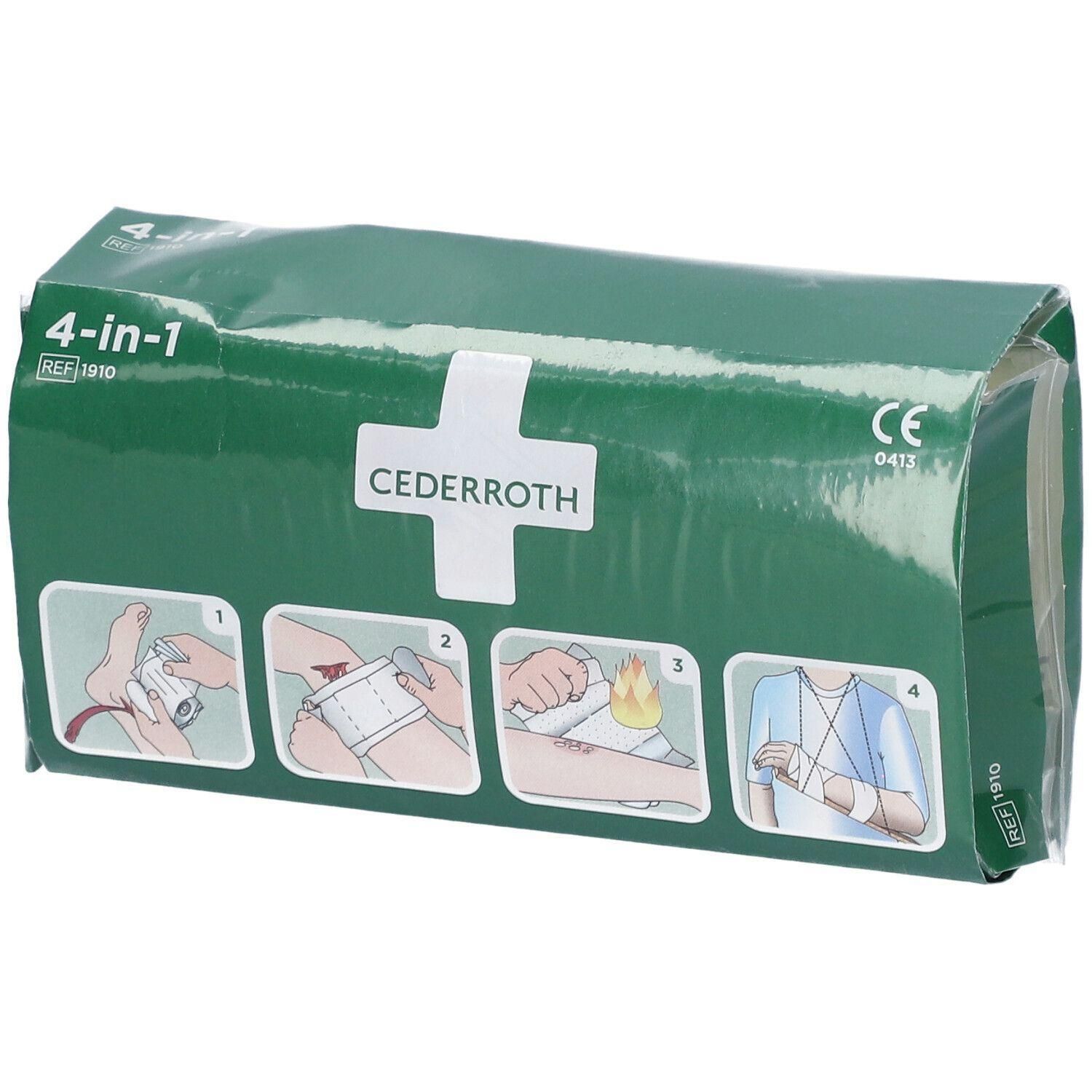 Verpakking van een Cederroth 4-in-1 verbandcompressen set met toepassingsinstructies.