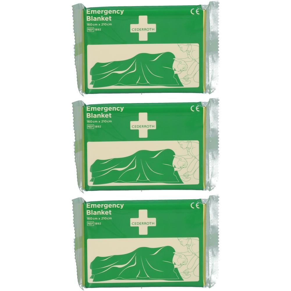 Emballage de secours avec trois couvertures d'urgence. Emballage vert avec croix blanche et texte.