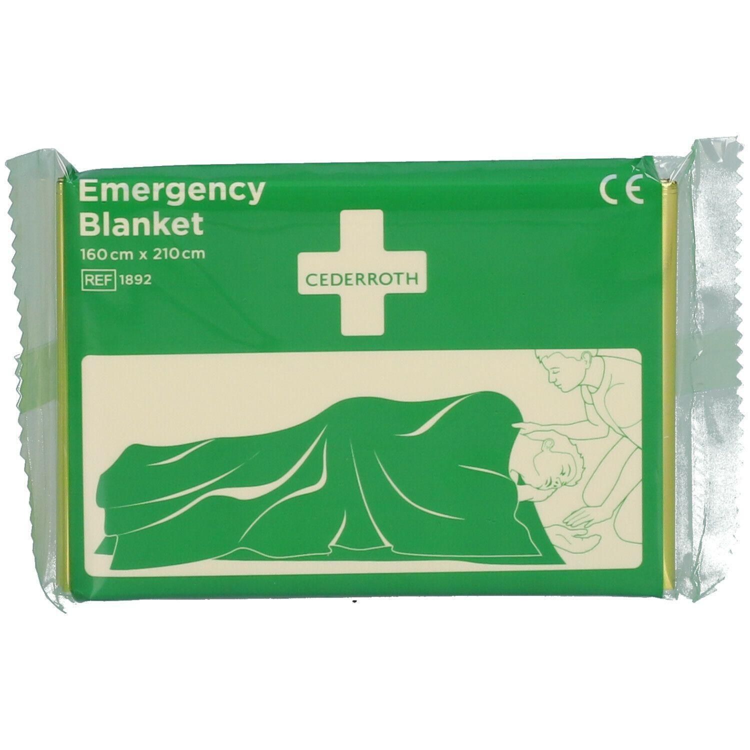 Emballage de secours pour couverture de sauvetage, 160 x 210 cm, avec marquage CE et informations fabricant.