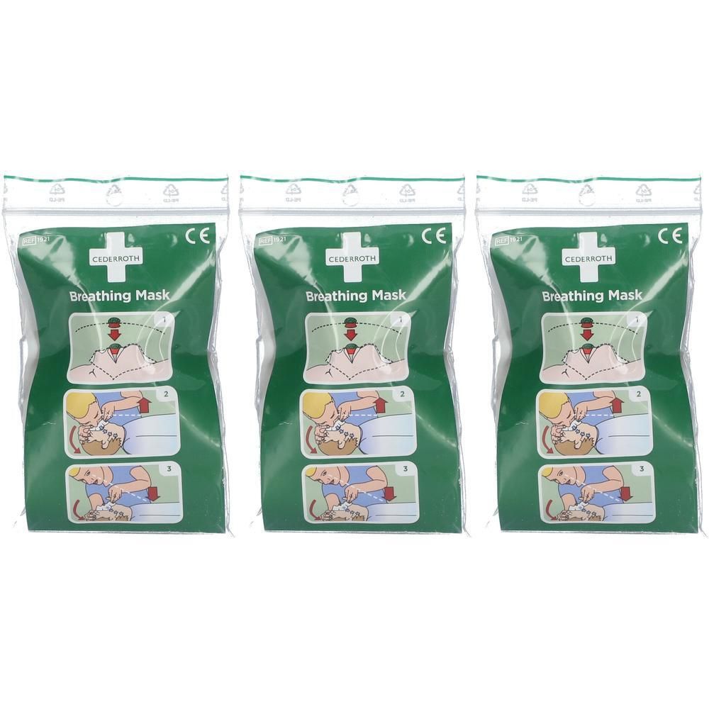 Trois masques respiratoires emballés individuellement avec marquage CE et instructions graphiques.