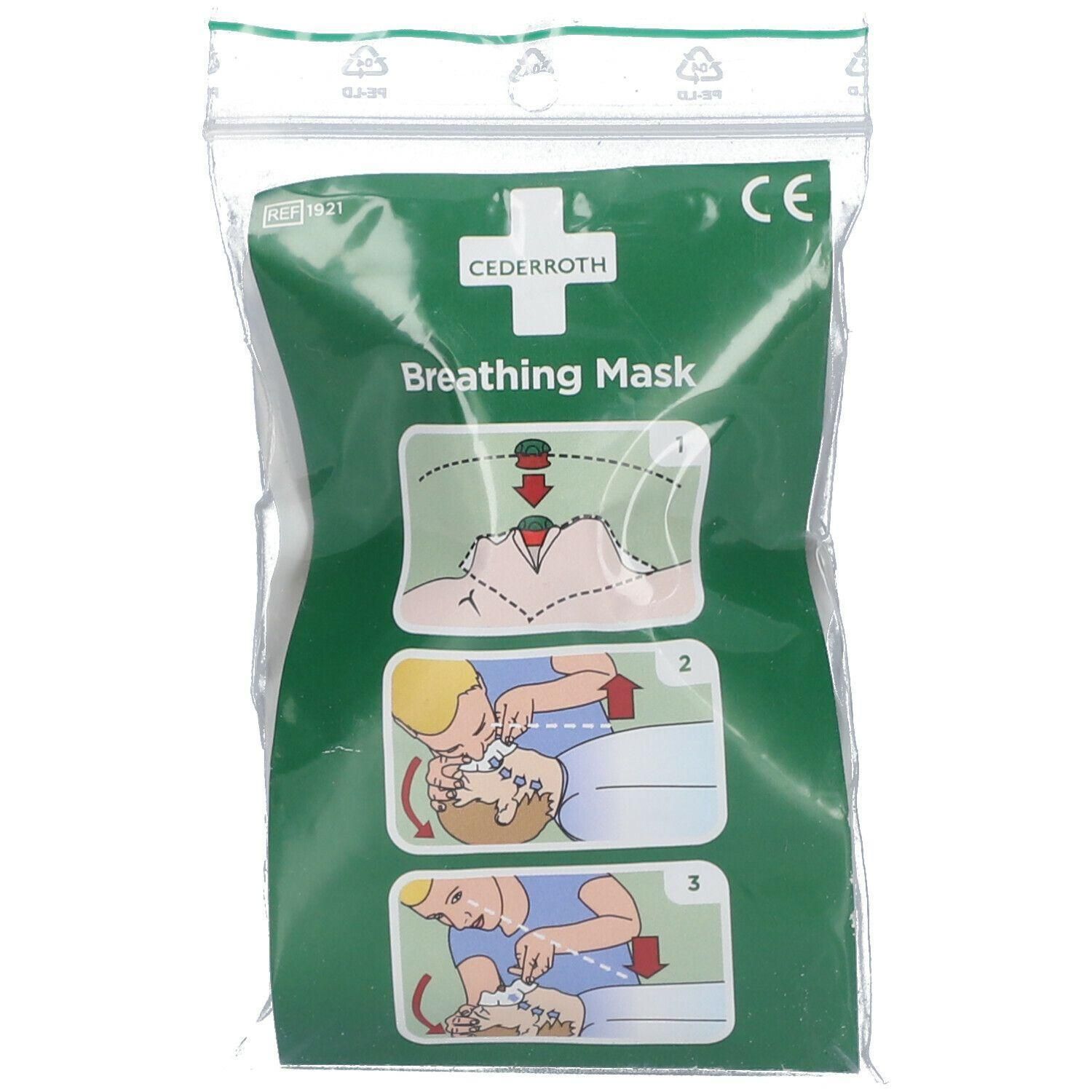 Masque respiratoire Cederroth dans son emballage avec instructions d'utilisation.