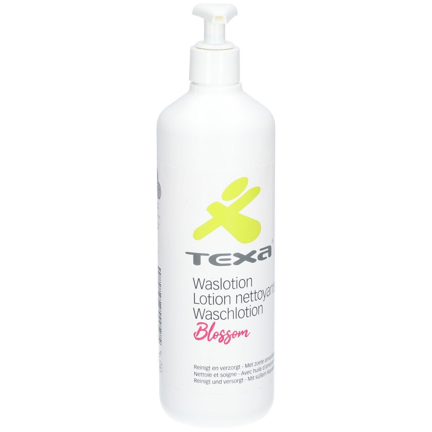 Flacon pompe blanc avec logo Texa et inscription "Blossom".