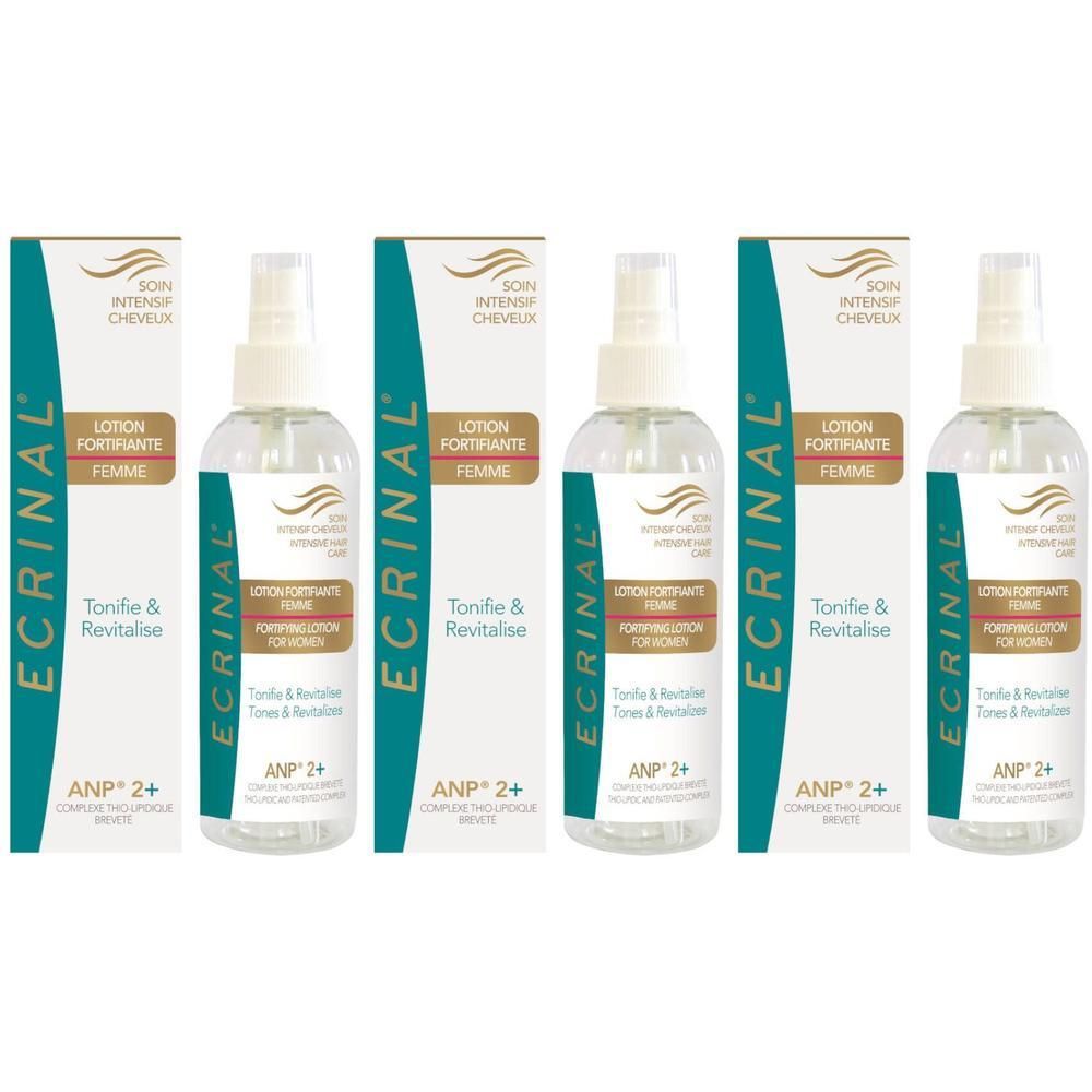 Vier flacons Ecrinal ANP2+ Lotion Femme met doosjes. Heldere vloeistof in spuitflessen.