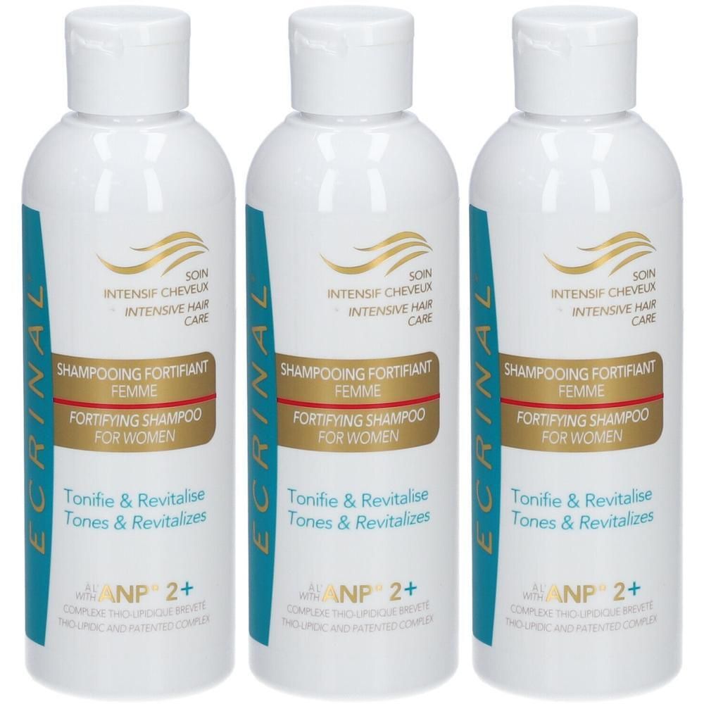 Drie flessen Ecrinal ANP2+ Fortifying Shampoo for Women.
